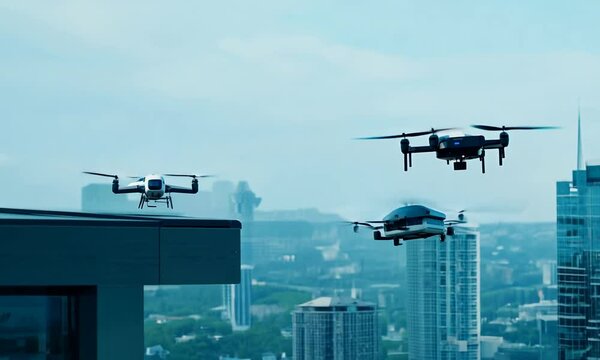 Autonomous delivery drones in the city. 4K Video hyperrealistic
