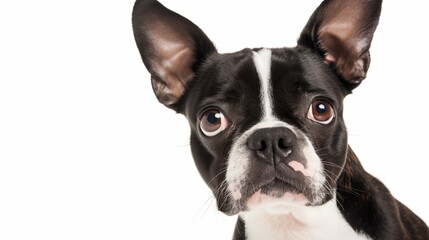 A black and white dog with a black nose and brown ears is staring at the camera. The dog's expression is serious and focused
