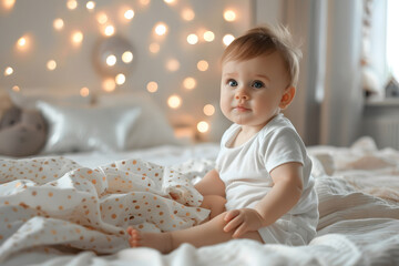 Fototapeta premium Joyful baby boy with bright eyes sitting on a bed at home in a warmly lit cozy bedroom