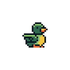 Duck. Pixel art character. 8-bit sprite. Isolated vector illustration. Sticker design.