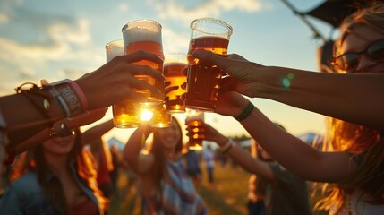 A group of friends toasting with beer at an outdoor music festival, enjoying the sunset and having fun together They're wearing casual like t-shirts or dresses, holding plastic cups Generative AI