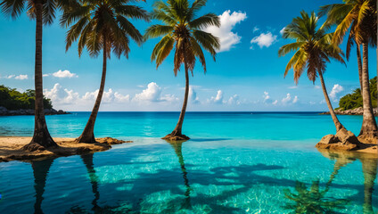 Naklejka premium An beautiful and calming beach image is what I'm looking for. I would like the image to showcase a wide view of the beach, with clean sand and clear ocean water.