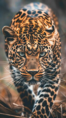 Obraz premium Leopard on the move in the wild with determined focus