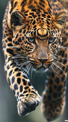 Obraz premium Leopard mid-air in action pose, eyes fiercely focused