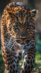 Fototapeta premium Leopard walking forward with intense gaze in focus