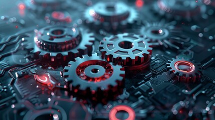 Digital gears on future tech background. Productivity evolution. Futuristic gears and digital chart in world of technological progress and innovation. CGI 3D render