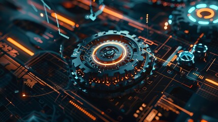 Digital gears on future tech background. Productivity evolution. Futuristic gears and digital chart in world of technological progress and innovation. CGI 3D render
