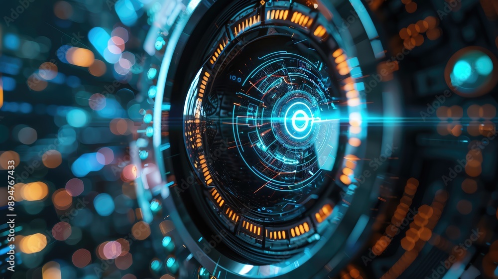 Poster futuristic digital interface with glowing lines and geometric shapes, showcasing advanced technology