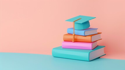 Graduation cap on books, back to school concept 3D rendering. AI generated illustration