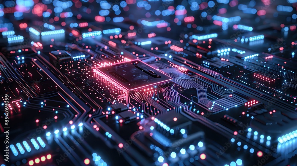 Poster close-up of futuristic circuit board with glowing lights, showcasing advanced technology and intrica