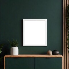 Canvas/frame mockup mounted on a dark green wall above a wooden cabinet with some plants