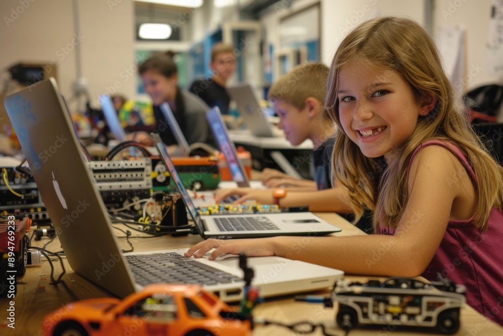 Aufkleber Enthusiastic young girl in a robotics class, using laptops for coding and programming. STEM education, teamwork, and handson learning for future engineers in a modern, interactive classroom