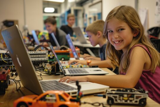 Enthusiastic young girl in a robotics class, using laptops for coding and programming. STEM education, teamwork, and handson learning for future engineers in a modern, interactive classroom