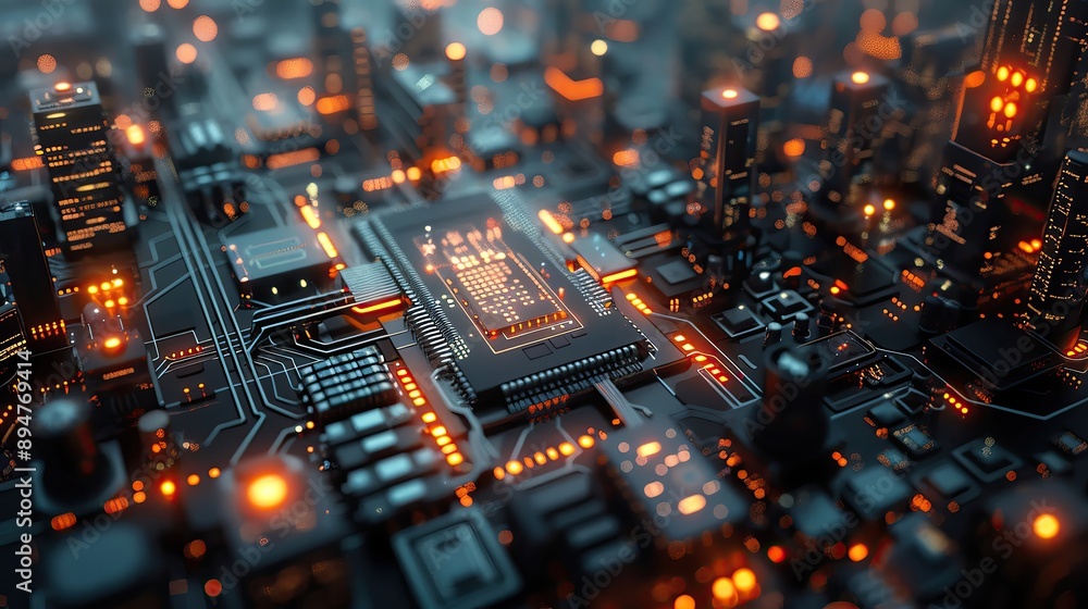 Poster Abstract close-up of a glowing microchip on a circuit board, symbolizing advanced technology and the future of computing.