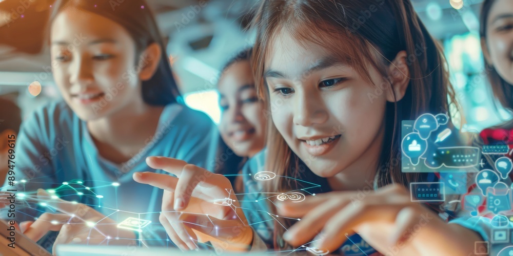 Poster Children using digital technology for learning are the future innovators, developing new skills through interactive education. They shape the future of education through collaboration and teamwork