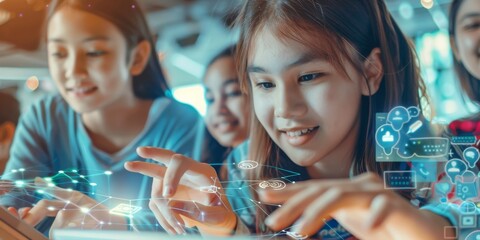 Children using digital technology for learning are the future innovators, developing new skills through interactive education. They shape the future of education through collaboration and teamwork