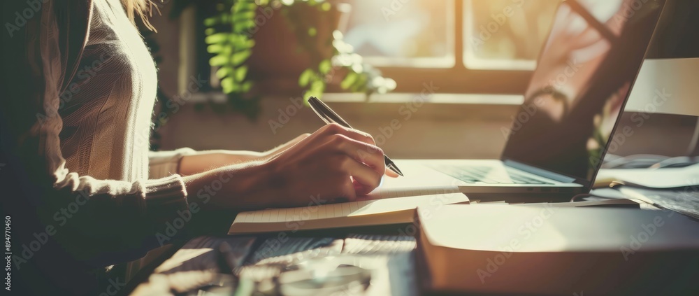 Aufkleber A person is writing in a notebook and using a laptop in a welllit workspace, creating a focus on productivity. The scene includes natural light and green plant decor, ideal for work from home
