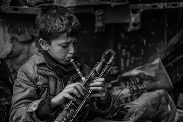 Fototapeta premium artists BW street-photo style image of a boy playing unknown steam-punk style music instrumet