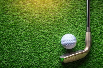 Obraz premium A banner with a view of a green lawn, on which lies a white ball and a metal golf club. An advertisement for a golf game at a country club. Free space for text.