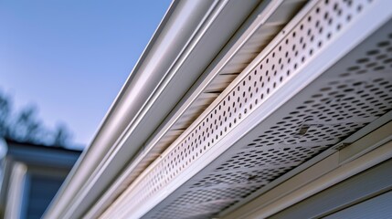 Obraz premium Close-up of soffit vents on house exterior showing perforated design and clean white finish against siding