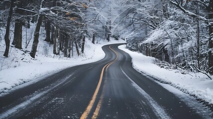 Obraz premium Snowy Asphalt Road in Picturesque Winter Landscape