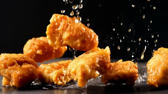 Slow Motion Shot of Fried Chicken Falling on Table, Black Background