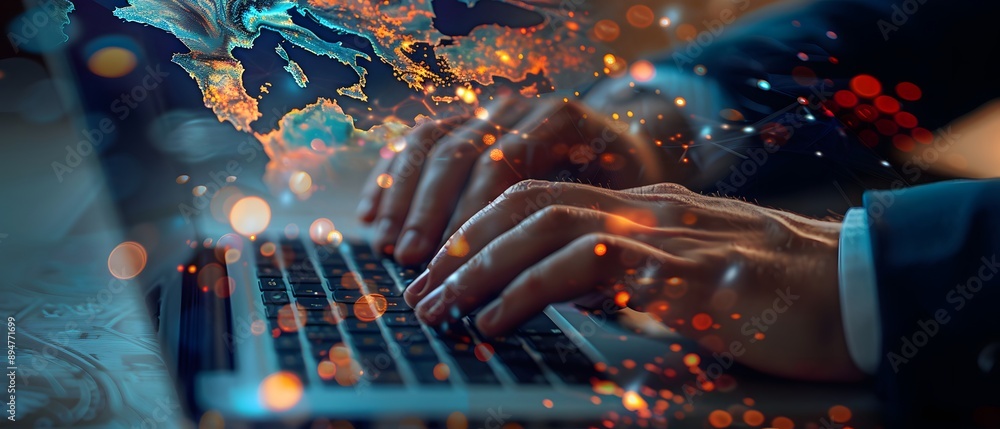 Poster global network connection concept - hands typing on laptop with world map in background.