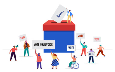 Group of people, walking with flags to elections. Crowd of women and men at a demonstration. Concept for election campaign, voting theme vector background. 