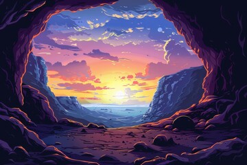 Rocky cave entrance framing sunset over distant body of water