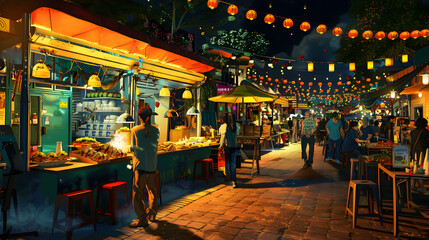 Urban Street Food Market: A lively scene of a bustling street food market with various vendors selling diverse and colorful dishes. The focus should be on the vibrant atmosphere and the wide array of 