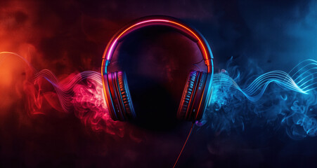 Fototapeta premium Modern headphones with sound wave on dark background, neon light effect