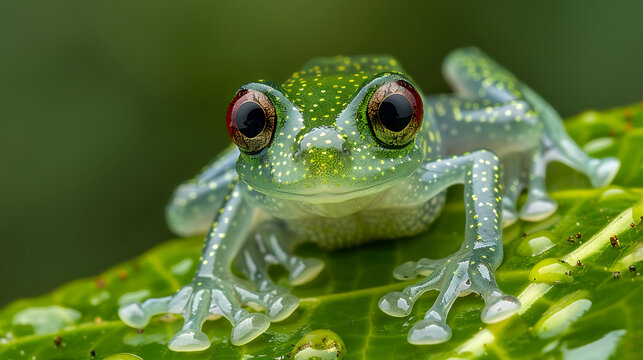 Glass frog with transparent skin, visible organs, on leaf, 