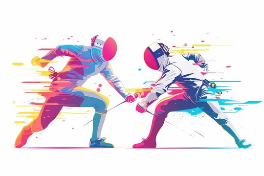 Fencing duel, fencers striking, detailed flat design illustration showing two fencers in action, striking at each other with vibrant colors and dynamic movement, capturing the precision and speed of
