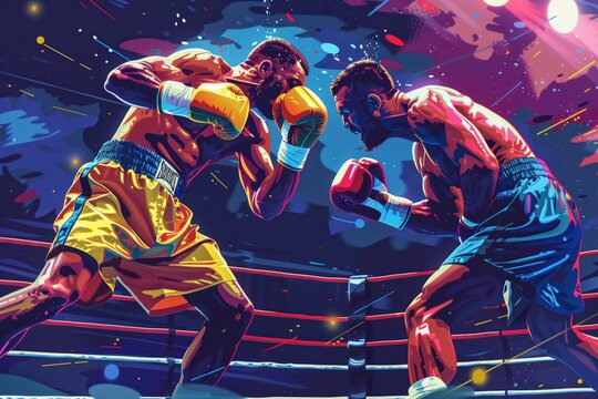 Boxing ring, intense fight, detailed flat design illustration showing two boxers engaged in an intense fight in the ring, with dynamic poses and vibrant colors, capturing the action and intensity of