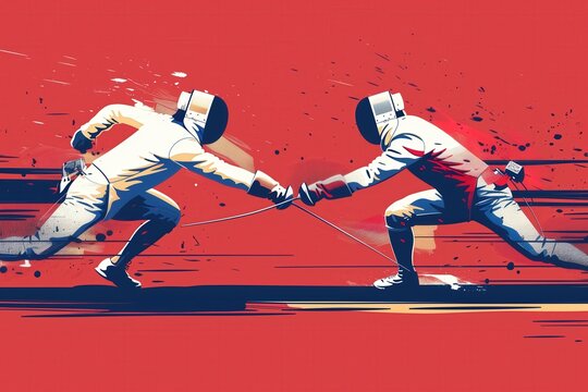 Fencing duel, fencers striking, detailed flat design illustration showing two fencers in action, striking at each other with vibrant colors and dynamic movement, capturing the precision and speed of