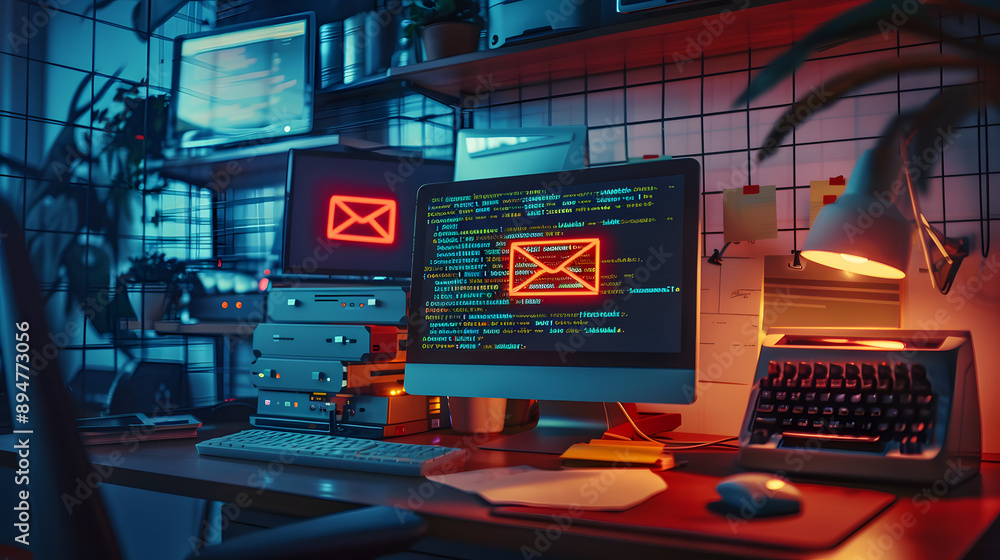 Poster a ransomware email phishing attack on a computer screen