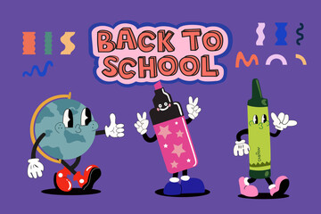 Back to school illustration on a purple background with pink inscription. Cute cartoon green crayon, pink marker, yellow pencil and globe. Funky cute characters. Children's doodles on the background