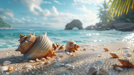 Obraz premium Tropical Treasures Starfish, Seashells, and Palm Leaves on a Beach