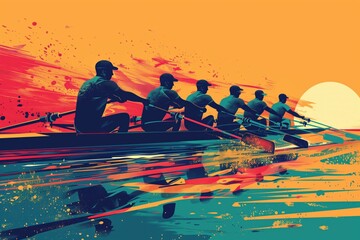 Rowing team, synchronized rowing, detailed flat design illustration showing a rowing team in perfect synchronization, with vibrant colors and dynamic movement, capturing the teamwork and effort of