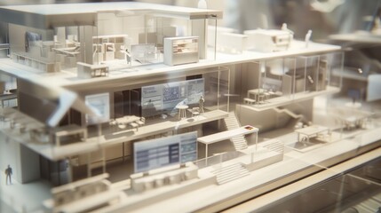 Generate a photo realistic image of a maquette showcasing a technology innovation center with research labs, incubators, and collaboration spaces; ensure the image is of high resolution for