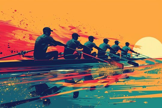 Rowing team, synchronized rowing, detailed flat design illustration showing a rowing team in perfect synchronization, with vibrant colors and dynamic movement, capturing the teamwork and effort of