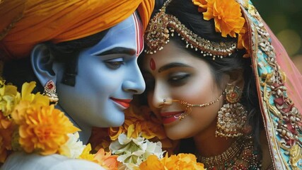 Immerse yourself in the divine love of Krishna and Radha with this beautifully captured moment. Watch as their adorned figures, vibrant attire, and expressive faces tell a timeless story of devotion.