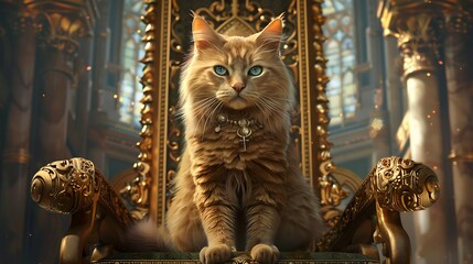 Majestic Cat on Golden Throne in Medieval Castle