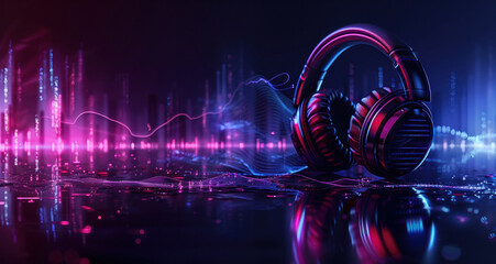 Modern headphones with sound wave on dark background, neon light effect