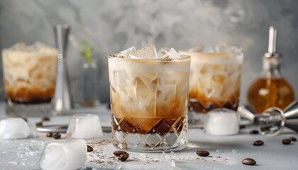 White russian cocktail, trendy alcoholic drink with vodka, coffee liqueur, cream and ice, gray background, bar tools