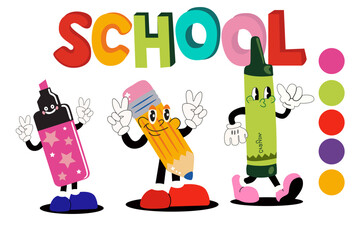 Back to school illustration on a white background with inscription. Cute green crayon, pink marker and yellow pencil. Flat vector illustration