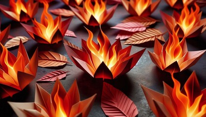 origami rose with paper in flames