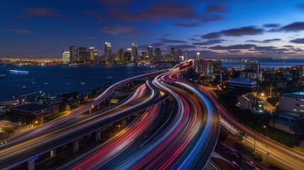 Obraz premium Vibrant Cityscape with Illuminated Highway at Night