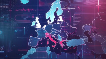 Futuristic Digital Map of Europe with Data Overlay