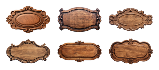 Collection of carved wooden nameplate or signboard isolated on a transparent background, cut-out, PNG
